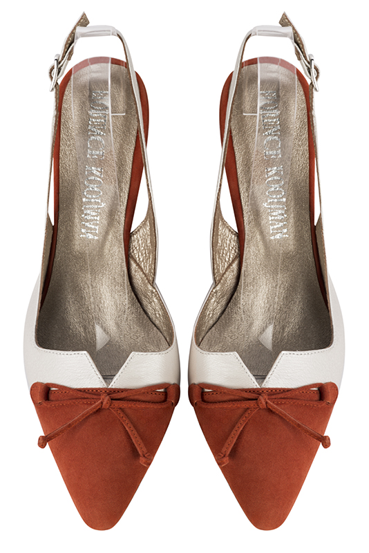 Terracotta orange and off white women's open back shoes, with a knot. Tapered toe. Medium spool heels. Top view - Florence KOOIJMAN